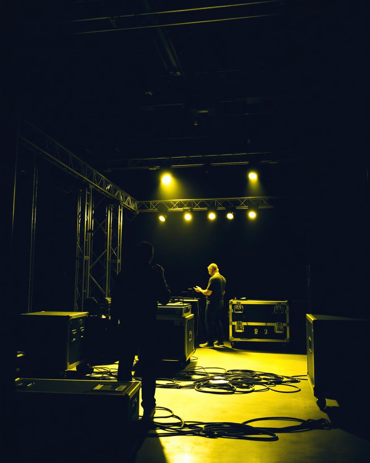 Backstage con truss y equipo de producción